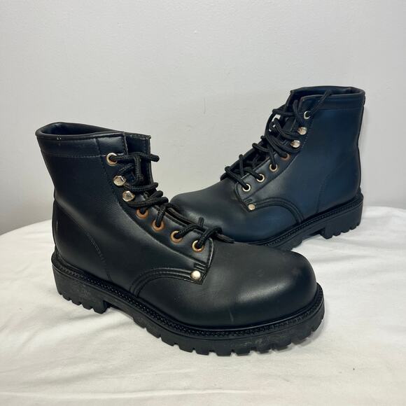 VTG Rugged Outdoors Boots Black Faux Leather Lace Up Grunge Gothic Combat Work 7 - Picture 1 of 9